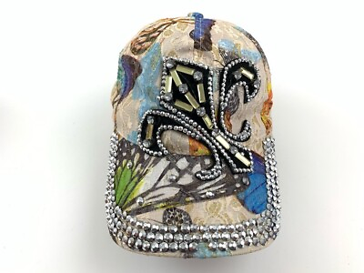 #ad Womens Hat Cap Strapback Beige Black Butterflies Embellished Rhinestones OneSize $3.75