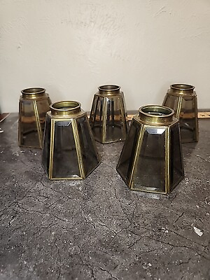 #ad 5 Vtg 6 Sided Beveled Clear Glass Brass Pendant Shades 2 1 8quot; $50.00