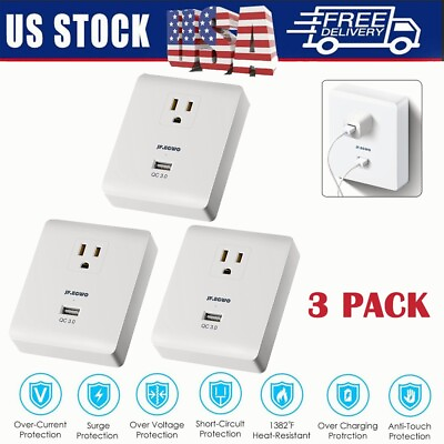 #ad 3 Pack USB Wall Outlet Port 15A Power Socket Charger AC Receptacle Plate Panel $11.19