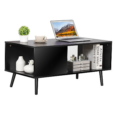 #ad Black Coffee Table Wood Frame End Storage Stand W Open Storage Shelf $54.58