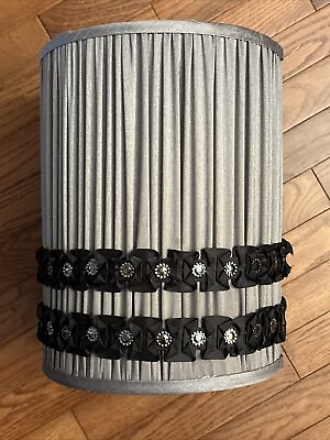 #ad Custom Pleated Gray Large Drum Lamp Shade black ribbon trim 13” tall Excellent $25.00