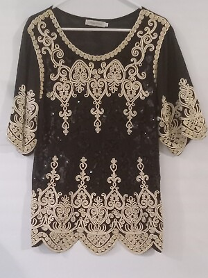 #ad Simply Couture Boho Top Womens M Embroidered Sequin Sleeve Black Beige Wedding $16.99