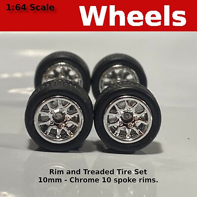 #ad 10 10mm Chrome 10 Spoke Black Wall Treaded rubber tire set. for Hot Wheels $3.89