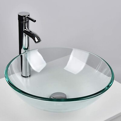 #ad Bathroom Glass Round Vessel Sink Drain Faucet Clear Tempered Combo Basin Bowl $76.49