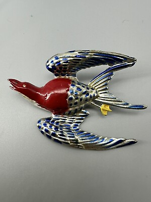 #ad Huge Colorful 1930s Red Blue Enameled Bird In Flight Brooch Pin 3.5” Long $58.00