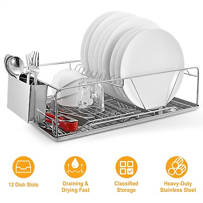 #ad Kitchen Stainless Steel Dish Drying Rack with Cutlery Holder Drainer Organizer $41.94