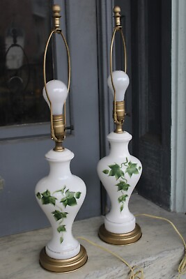 #ad Pair Vintage White Glass Lamps with Ivy Pretty $39.97