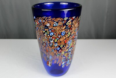 #ad 13.75quot; Millefiori cobalt blue art glass vase Copper aventurine unsigned $250.00