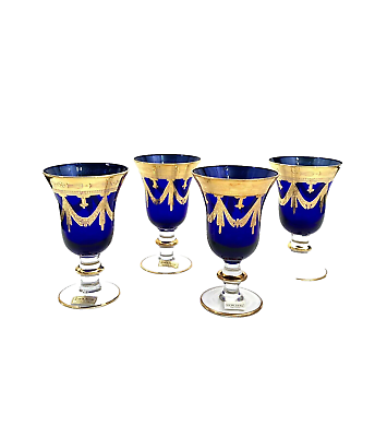 #ad Fancy Glass Set of Four Italian Royal Blue amp; Gold Cobalt Vintage Collectibles $325.00