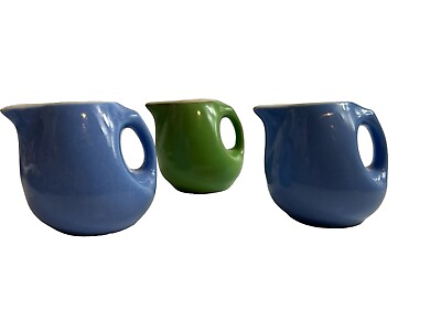 #ad 3 Mini Hall Creamers 2” Tall Restaurant Ware 2 Periwinkle Blue amp; Olive Green USA $37.49