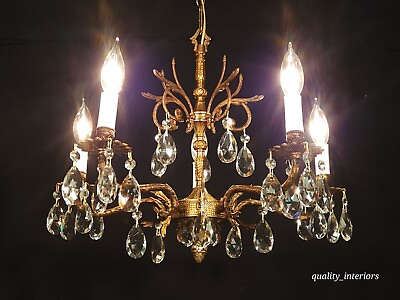 #ad ANTIQUE French 5 Arm 5 Lite Brass SHIMMERING Cut Lead Crystal Chandelier $550.00