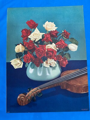 #ad VINTAGE Floral  OF RED AND WHITE ROSES WITH VIOLIN Art Print  C.MOSS 1944 $18.00