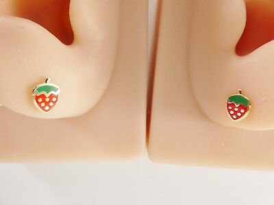 #ad 10K REAL SOLID GOLD KIDS ENAMEL STRAWBERRY CREW POST EARRING $59.98
