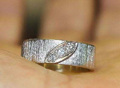 #ad AC5 14k white gold RING band Brushed 3 natural diamonds RUSTIC size 10 $594.99