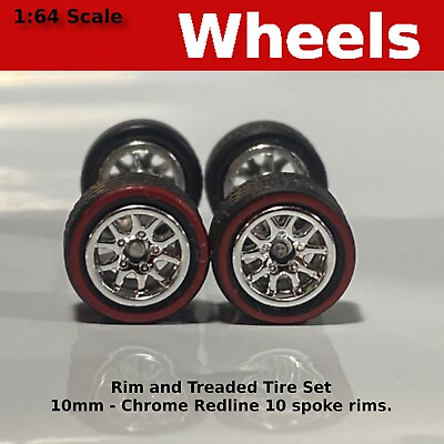 #ad 10 10mm Chrome 10 Spoke Redline Treaded rubber tire set. for Hot Wheels $3.89