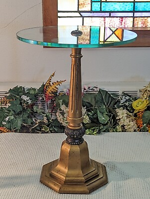 #ad MCM Round Hollywood Regency Accent End Table Glass Top Gold Gilt Wood Base 19¼quot; $129.98
