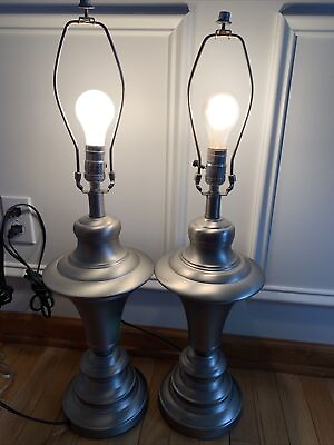#ad 2 Large Brushed Silver Urn Lamps 29” Pair 3 Way $59.95