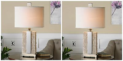 #ad #ad PAIR ANTIQUED STONE IVORY TEXTURED FINISH BRUSHED NICKEL TABLE LAMP LINEN SHADE $541.20