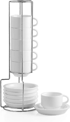 #ad Coffee Cup Set 6 Modern With Stand Espresso Cappuccino Tea Saucers White 2.5 Oz $26.79