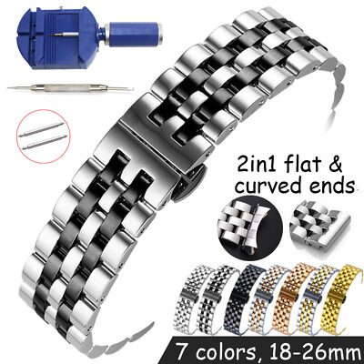 #ad 5Beads Link Bracelet Stainless Steel Watch Bands Strap 18mm 19 20 21 22 24 26mm $16.82
