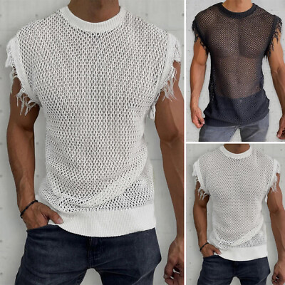 #ad Fashion Mens Fishnet Mesh Sheer Tops Vest Casual Loose Solid Tee Shirt Blouse $14.11