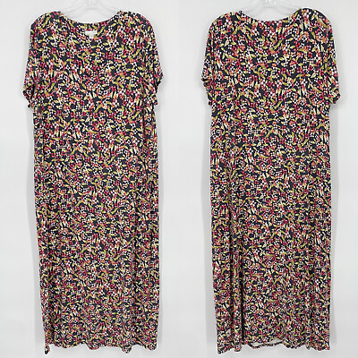 #ad J Jill XL Extra Large Floral Jersey Knit Gray Pink Short Sleeve Boho Long $31.44