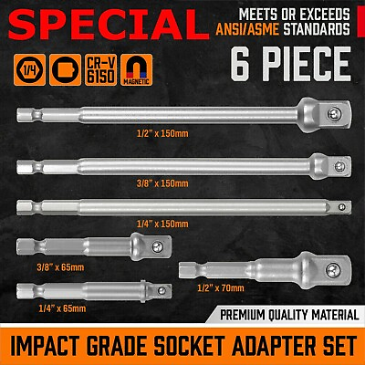 #ad #ad 6PC Impact Grade Power Drill Socket Adapter Set 6quot; Driver 1 4 3 8 1 2 Hex Shank $8.95