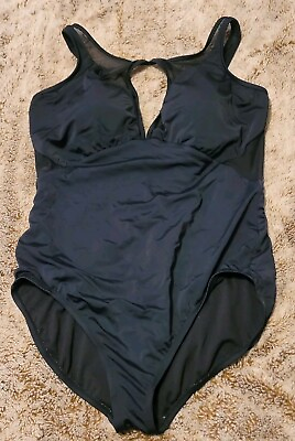 #ad Black Womens Sheer One Piece Swimsuit V Cut Back Size 16 18 Time amp; Tru Sexy Lady $12.58