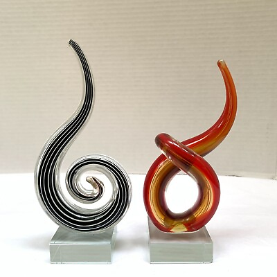 #ad Murano? Lot of Two 2 Art Glass Black Red Spiral Sculpture Swirl Knot 5quot; READ $65.00