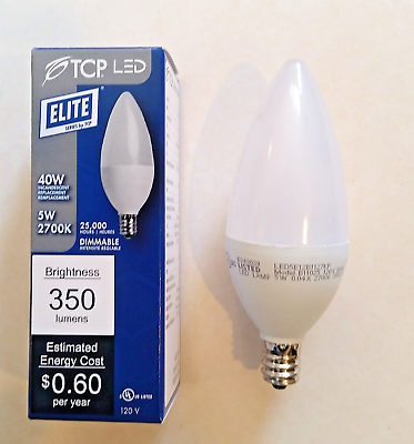 #ad TCP 5W 40W Equal 2700K Dimmable Frosted LED Bulb E12 Candelabra LED5E12B1127KF $7.99