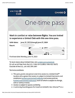 #ad United Airlines Club Lounge One Time Pass Exp 06 27 2024 e delivery $35.00