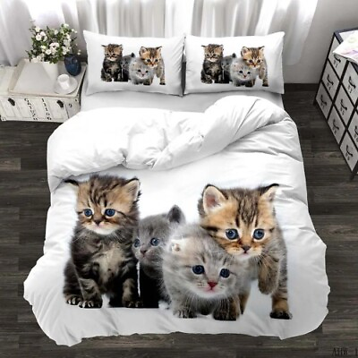 #ad 3D Digital Printing Animal Cat Pattern Quilt Cover Pillowcase Soft Bedding Set $82.79