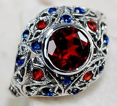 #ad Natural 2CT Fire Garnet amp; Sapphire 925 Solid Sterling Silver Ring Sz 678 FM4 $33.99