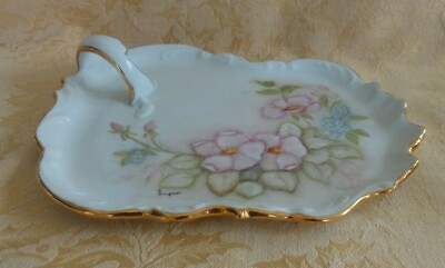 #ad Vintage Porcelain Hand Painted Pink Floral Handled Tray Signed by Artist Kaufman $16.96