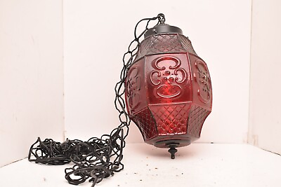 #ad Vintage Mid Century Modern 60s Hanging Swag Light Ruby Red Embossed Glass Lamp $288.30