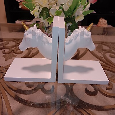 #ad Pair Wooden Unicorn Bookends White Gold Horn Mythical Fantasy $12.95