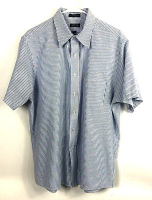 #ad Men#x27;s Arrow Oxford Blue White Stripe Pocket Button Up Short Casual Sleeve Sz 17 $17.97