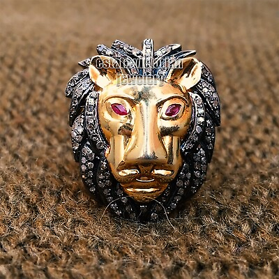 #ad Gorgeous 5.85ctw Rose Cut Diamond Ruby Silver Victorian Lion Head Ring Jewelry $754.71