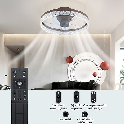 #ad 20quot; Round Flush Mount Bedroom Ceiling Fan Dimmable LED 6 Speeds Remote Control $78.85