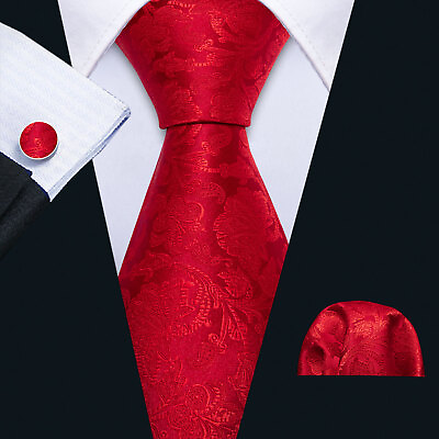 #ad Mens Floral Red Silk Tie Wedding Classic Necktie Cufflinks Hanky Set Gift $12.99