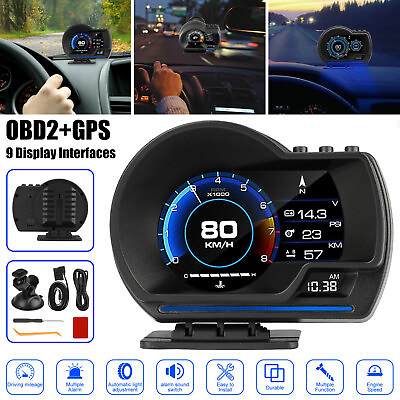 #ad OBD2 GPS HUD Car Head Up Display Speedometer RPM Speed Water amp; Oil Temp Alarm $43.48
