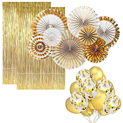 #ad Party Propz Golden Party decor BalloonsPaper Fans Curtains And Ribbon 30pcs $37.66