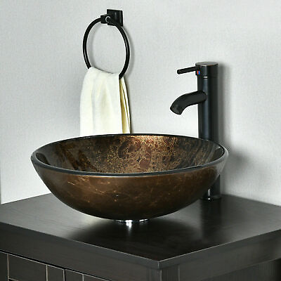 #ad Bathroom Tempered Glass Vessel Sink Round Basin Faucet Pop Up Drain Set Bowl US $93.49