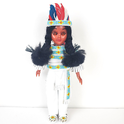 #ad Vtg Carlson Handcrafted Sioux Chief 20 23W Doll White Beaded Leather Sleepy Eyes $17.99
