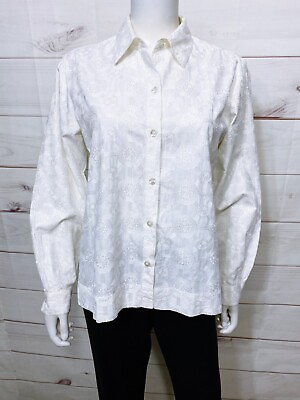 #ad Chico#x27;s Design Womens Shirt Size 1 White Geometric Embroidered Long Sleeve Top $24.99
