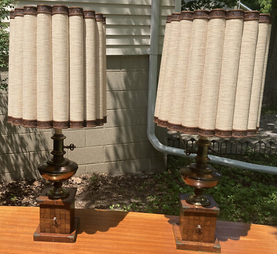 #ad #ad mid century modern table colonial lamps pair brass wood $380.00