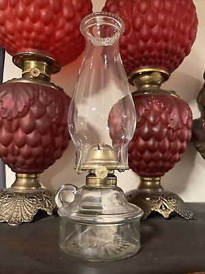 #ad VINTAGE CLEAR GLASS FINGER OIL LAMP WITH Pamp;A BURNER COMPLETE $29.99