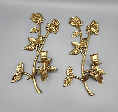 #ad Vintage Set of 2 Brass Rose Candle Wall Sconces Pair 12quot; Farmhouse Style Rustic $39.99