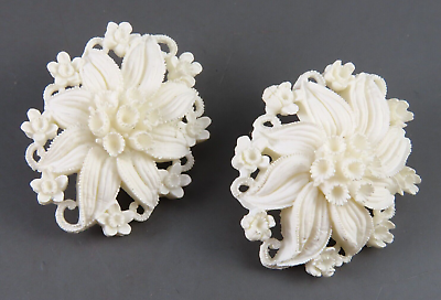 #ad Vintage WHITE CELLULOID PLASTIC Carved or Molded? FLORAL SPRAY CLIP ON EARRINGS $14.40