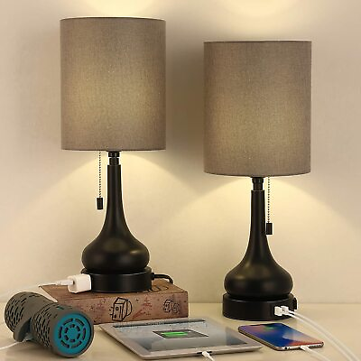 #ad Set of 2 Table Lamps w USB Charging Ports Pull Chain Gray Lampshade for Bedroom $35.59